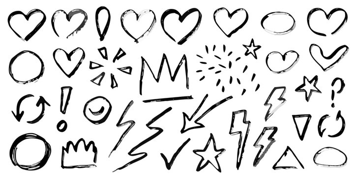 Hand drawn letters numbers and symbols monochrome ink sketch