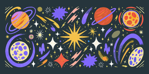 Cosmic Scene With Planets Stars And Comets Vector Illustration © NaderAli