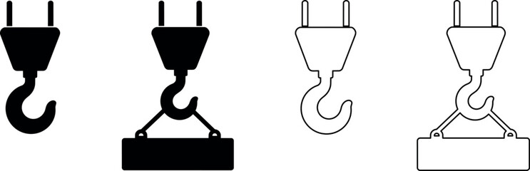 Naklejka na ściany i meble Set of crane hook icons in solid black and outline styles for lifting heavy loads