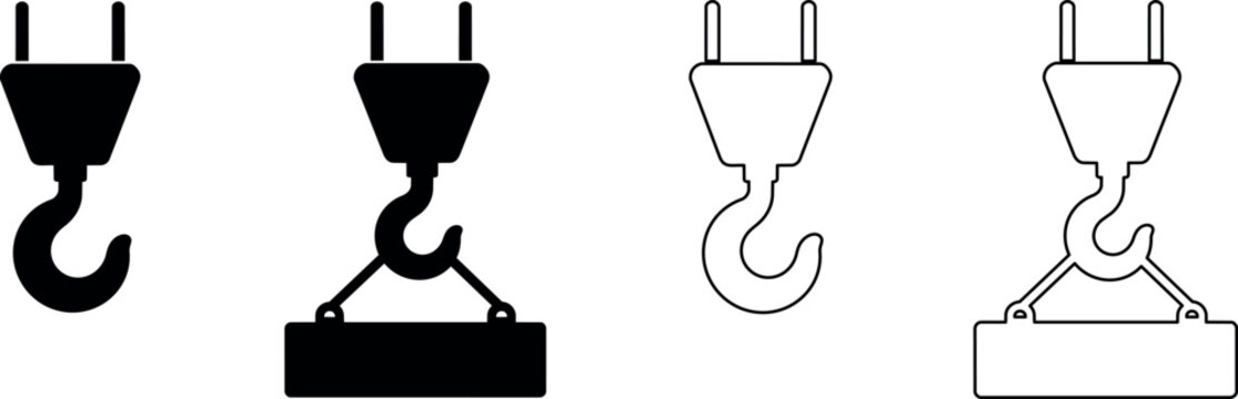 Set of crane hook icons in solid black and outline styles for lifting heavy loads