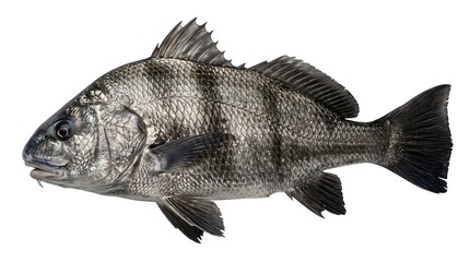 Fototapeta premium Black Drum Fish On White Solid Background, Detailed Close Up Of Marine Species With Silver Scales, Ocean Wildlife Photo For Fishing, Nature, And Aquatic Life Concepts