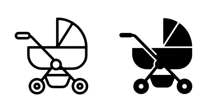 Baby Stroller Icons, Infant Pram Line Art and Silhouette, Carriage Vector Graphics