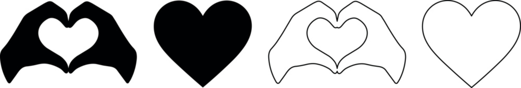 Set of four heart symbols including hands forming hearts and solid heart shapes