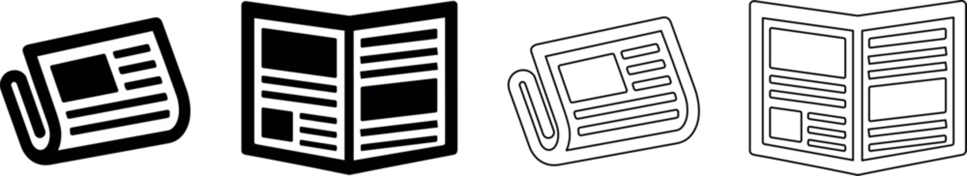 Collection of newspaper icons in black and white line art styles