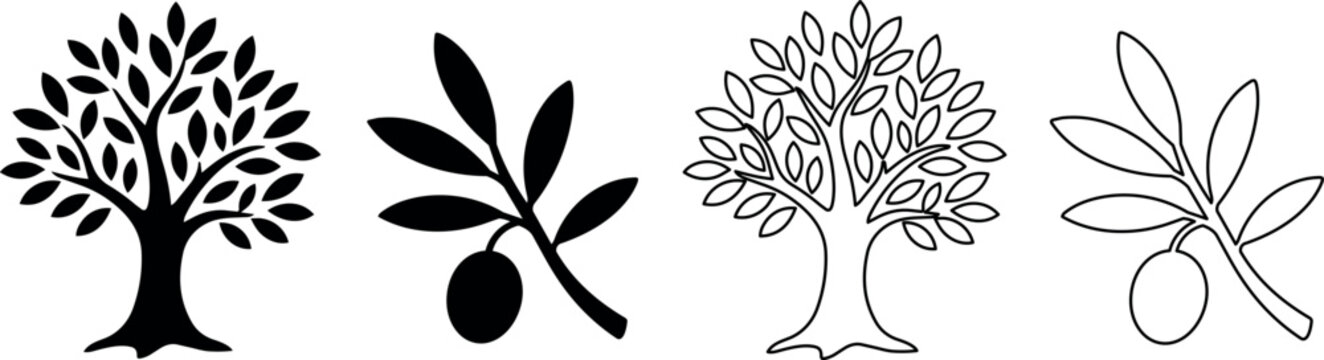 Collection of stylized olive trees and branches with olives