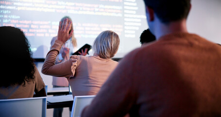 Student, university and girl with question in lecture for syntax confusion, coding logic and...