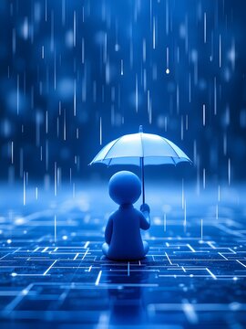 Blue Character Sitting In Digital Rain