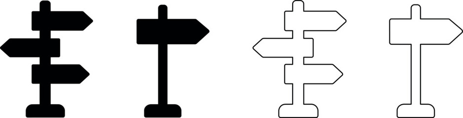 Set of directional signpost icons in solid black and outline styles © Santiago