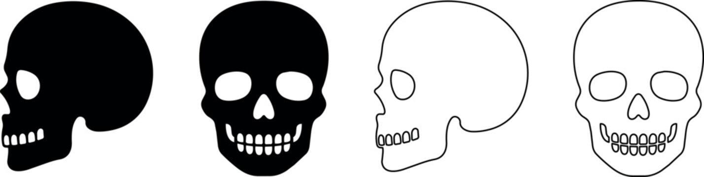 Set of stylized skull icons in black and white, front and side views