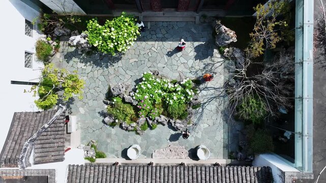 Aerial view of water lanes and green plants in Jiangsu ancient town China