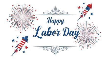 Fototapeta premium Happy labor day greeting card with fireworks and rocket firecrackers isolated on white background
