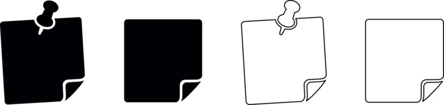 Set of four sticky note icons with pushpins, solid and outline styles