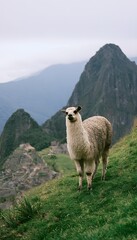 Obraz premium Peaceful Llama Landscape Ancient Ruins Serene Mountain Vista Natural Solitude Connection to Nature