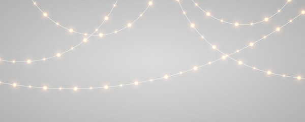 Red Christmas string lights PNG. Luminous yellow LED lamps and glowing gold bulb lights on realistic garland decoration. Xmas design for poster and greeting card. © ikril