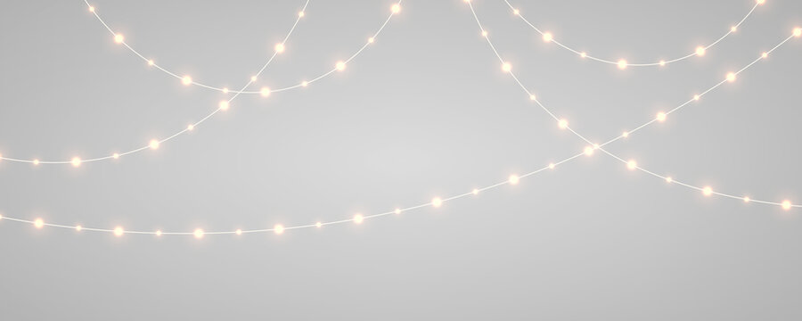 Red Christmas string lights PNG. Luminous yellow LED lamps and glowing gold bulb lights on realistic garland decoration. Xmas design for poster and greeting card.
