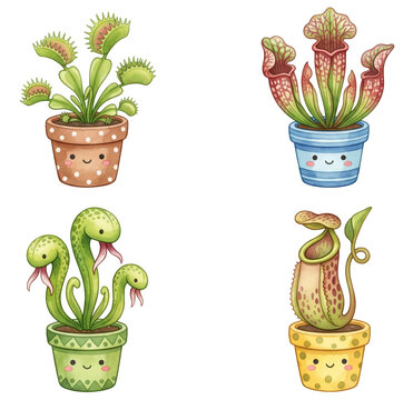 cute carnivorous plants venus flytrap (dionaea muscipula) and pitcher plant (nepenthes) watercolor clipart set