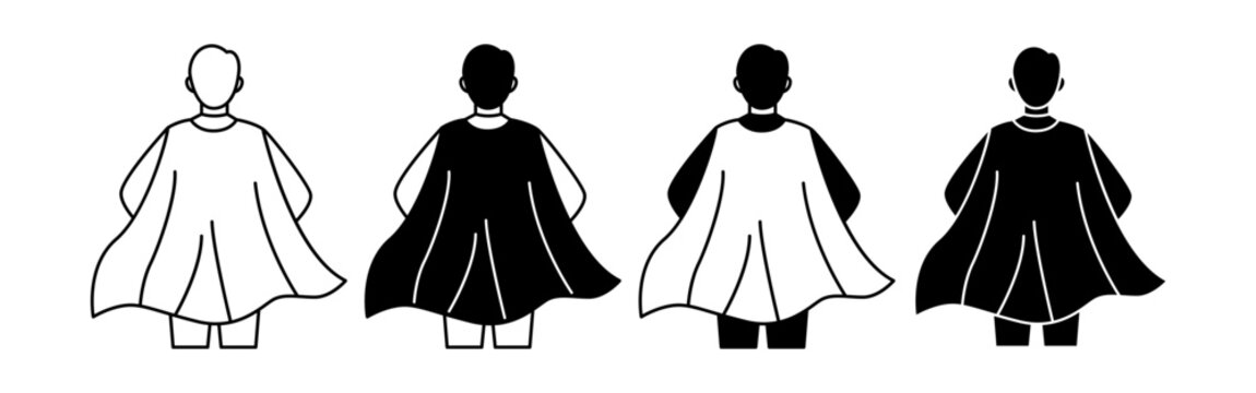 Four back views of figures wearing capes and ponchos in black and white variations