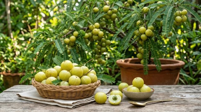 A ripe amla fruit sits in a woven basket on a rustic wooden table. A potted amla tree with green leaves and yellow fruits is placed beside the basket.
