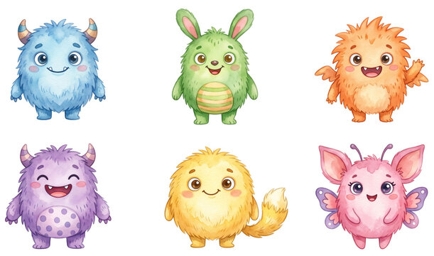 cute fuzzy monsters characters collection watercolor clipart set