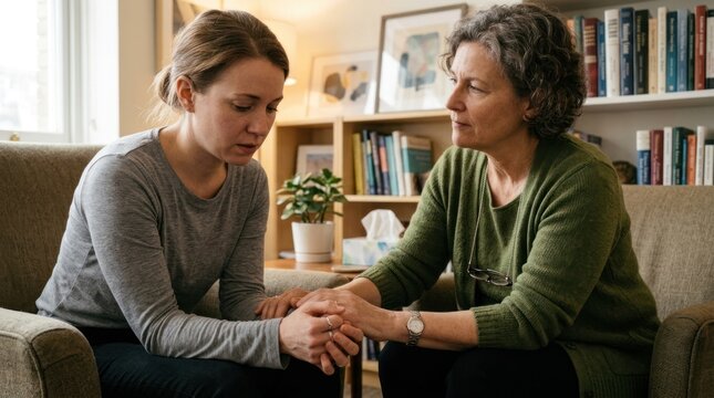 A woman sits on a sofa, holding her mother's hands. The mother looks at her daughter with concern and offers a comforting gesture.