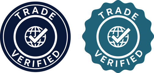 Obraz premium Trade Verified Badge with Check Mark and Globe Icon Set