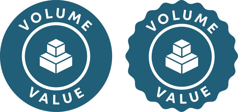 Volume Value Badge Icons with Boxes on Blue Circular Labels