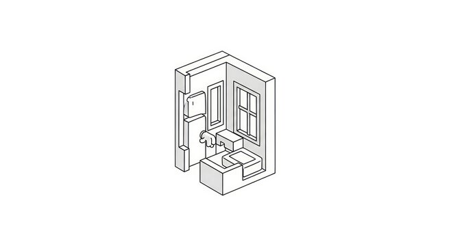 Isometric line drawing of a modern bathroom interior