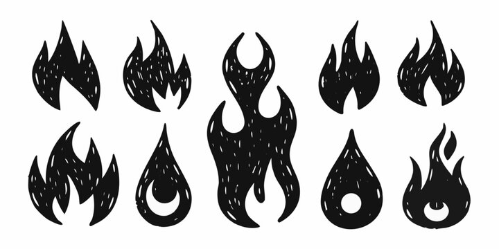 Stylized Fire Flame Silhouettes On White Background Collection Of Icons