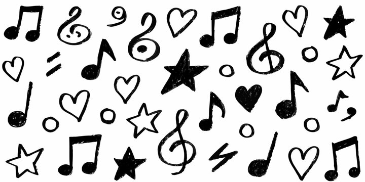 Hand Drawn Musical Symbols And Hearts Black On White Background