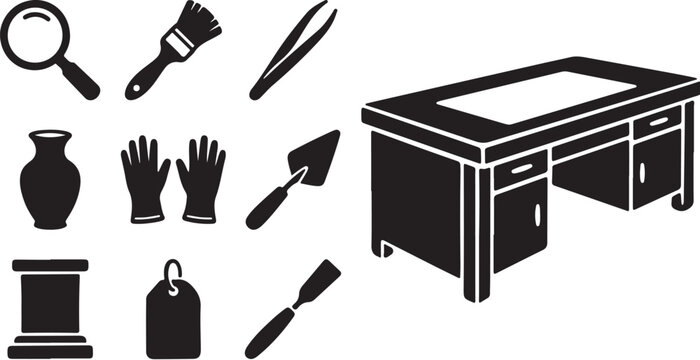 Black and white forensic lab table illustration