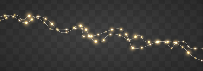 Fototapeta premium Christmas string lights garland PNG. Golden glowing LED lamps and luminous yellow gold bulb decoration isolated on transparent background. Realistic Xmas vector design for poster and invitations.