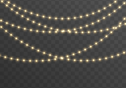 Christmas decoration string lights PNG. Golden luminous LED lamps and glowing yellow bulbs on garland. Xmas vector design for invitations and web banners.   