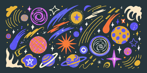Cosmic scene with planets stars and galaxies vector illustration © BidhanChandra