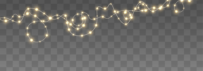 Obraz premium Xmas string garland lights PNG. Realistic golden LED lamps with glowing yellow bulbs and luminous decoration. Christmas vector design isolated on transparent background.