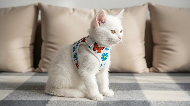 White cat wearing a butterfly and flower harness sitting on a plaid rug