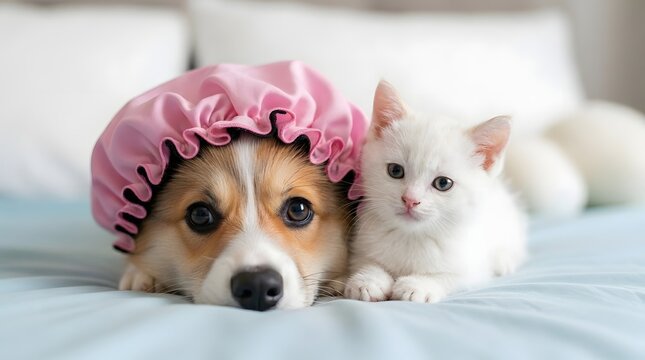Corgi and white kitten resting on a bed