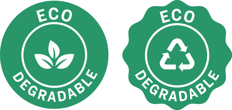 Eco Degradable Badge Icons with Green Recycling and Leaf Symbols
