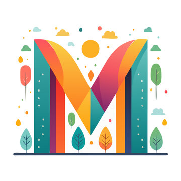 Colorful letter M with trees and clouds, flat design