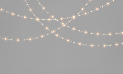 Christmas glowing red garland PNG. Golden string lights with realistic luminous LED lamps and yellow gold bulb decoration. Xmas design isolated on transparent background for poster. © ikril