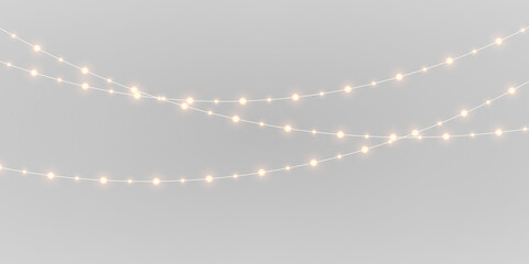 Christmas glowing red garland PNG. Golden string lights with realistic luminous LED lamps and yellow gold bulb decoration. Xmas design isolated on transparent background for poster. © ikril