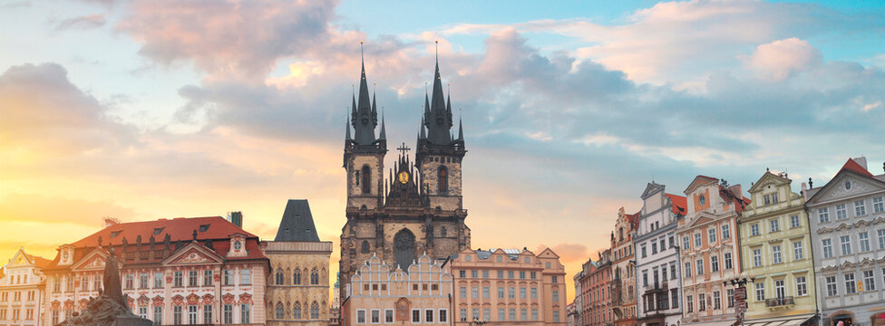 Tyn Church on Old Town Square in Prague at sunset creates fairy tale atmosphere with copy space