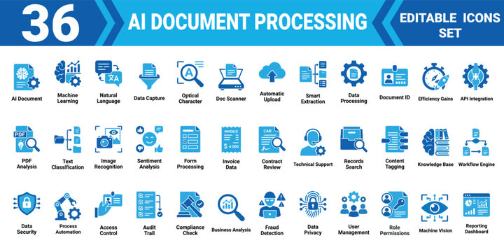 Ai document processing icon set 36 editable vector illustration mega pack for automation