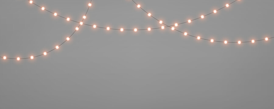 Christmas lights garland PNG. Golden, orange LED lamps and luminous red bulb decoration. Realistic glowing Xmas lights isolated on transparent background.