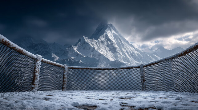 Low angle shot , MMA ice stage and snow mountain with black clouds is background , action cinematic background image.