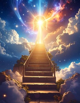 A stairway ascends through clouds towards a radiant light in the sky, with celestial nebulae above