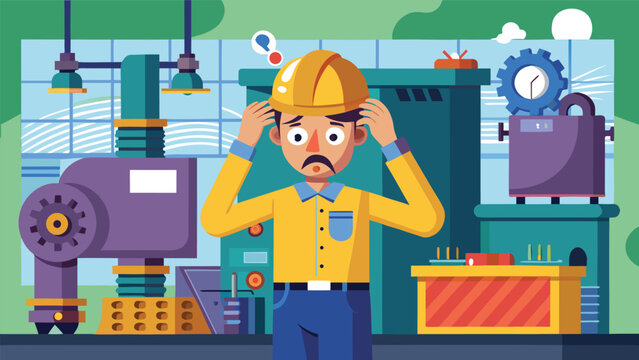 Confused factory worker in yellow shirt adjusts hard hat within industrial manufacturing plant setting with question marks overhead
