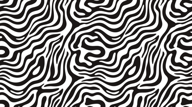 Seamless abstract pattern with wavy black and white zebra stripes and organic flowing lines for textile print