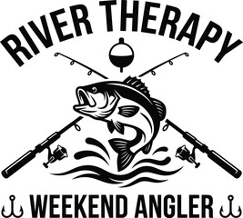 River therapy weekend angler fishing emblem with jumping bass fish, crossed fishing rods, and bobber float on a white background © MD