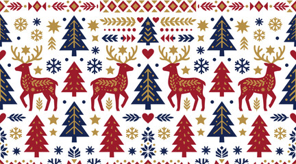 Seamless christmas pattern featuring stylized reindeer, pine trees, snowflakes, hearts, and geometric shapes in red, navy blue, and gold colors on a white background © MD