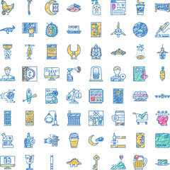 Naklejka premium Hand drawn collection of varied vector icons and symbols with a playful, sketchy texture, covering a wide range of themes, from everyday objects to abstract ideas